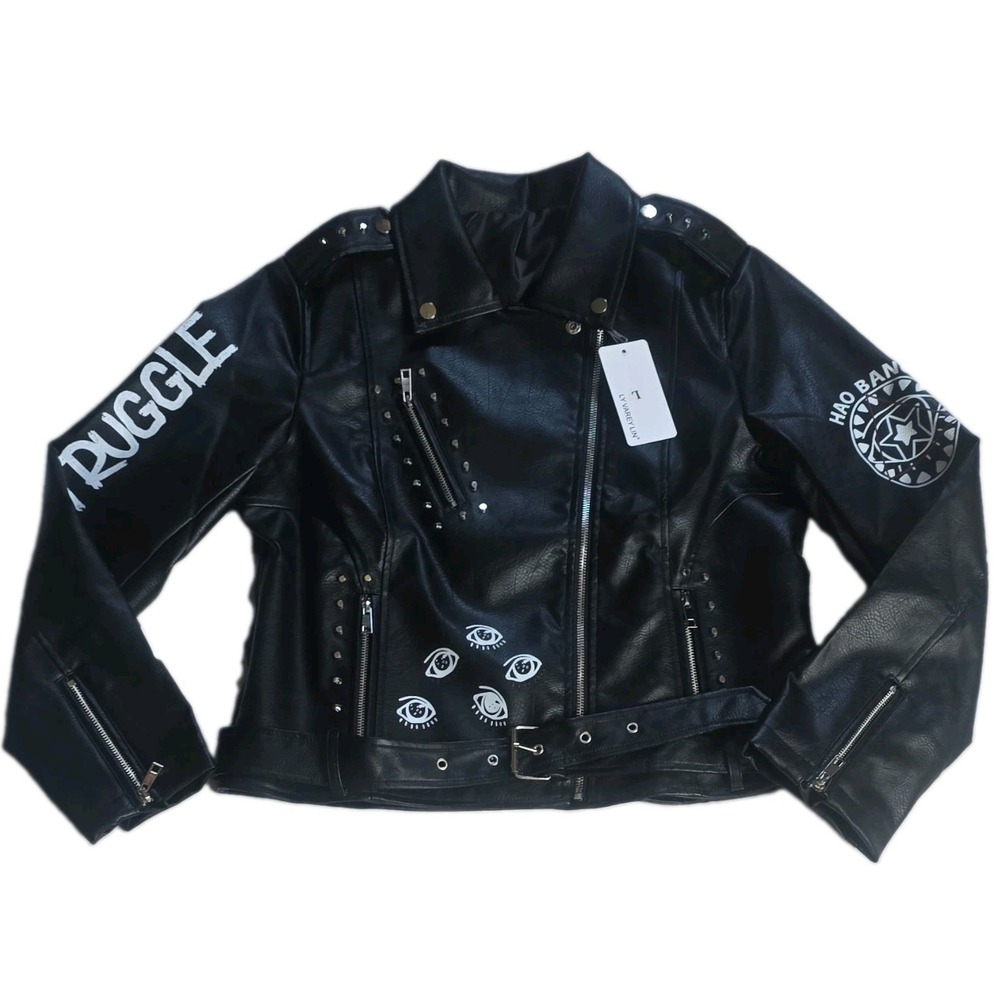 NWT LY VAREY LIN Punk Rock Faux Leather Moto Biker Jacket Dare You Graphic L